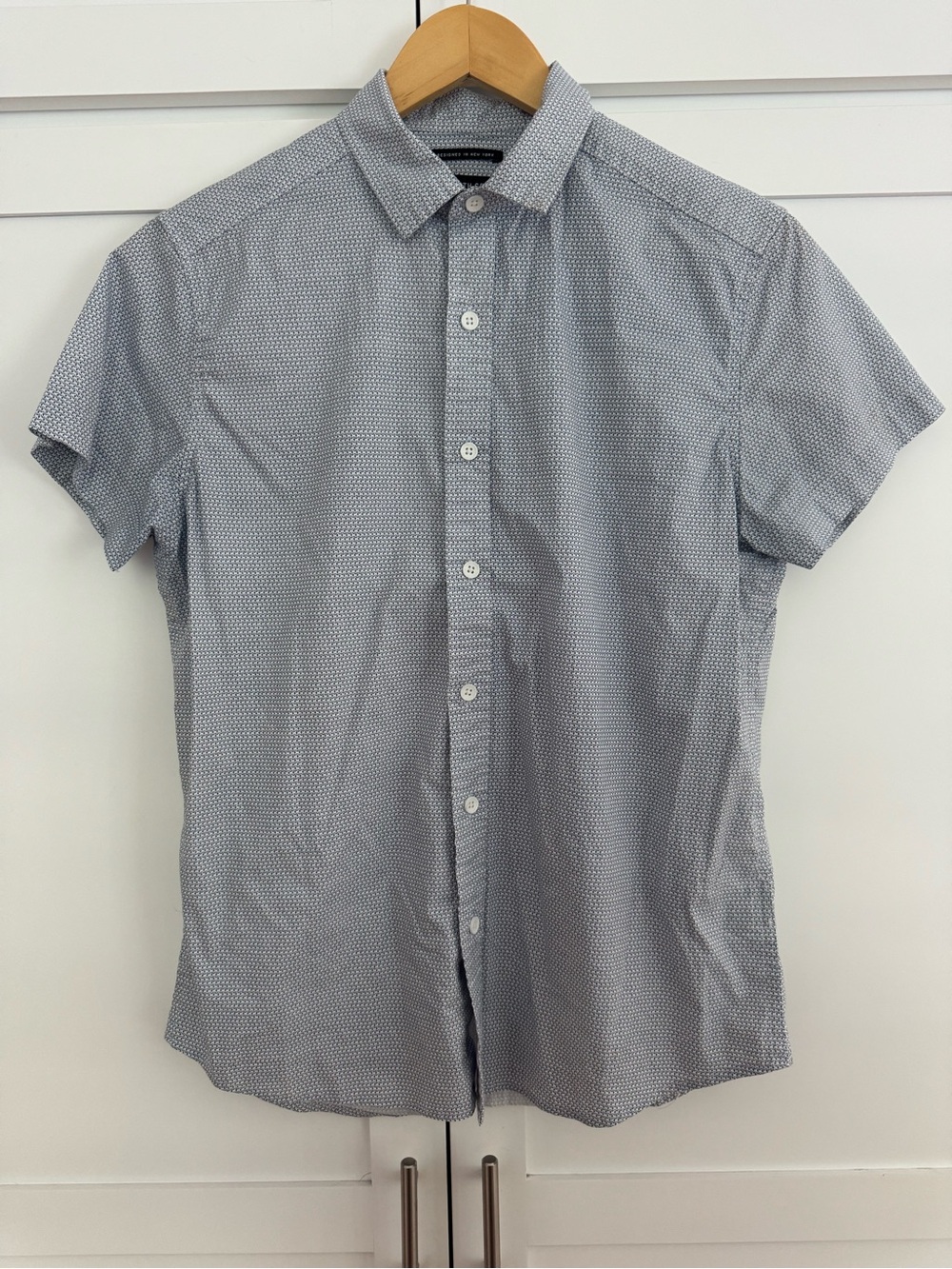 Men's Short-Sleeve Blue Micro-Print Shirt Small